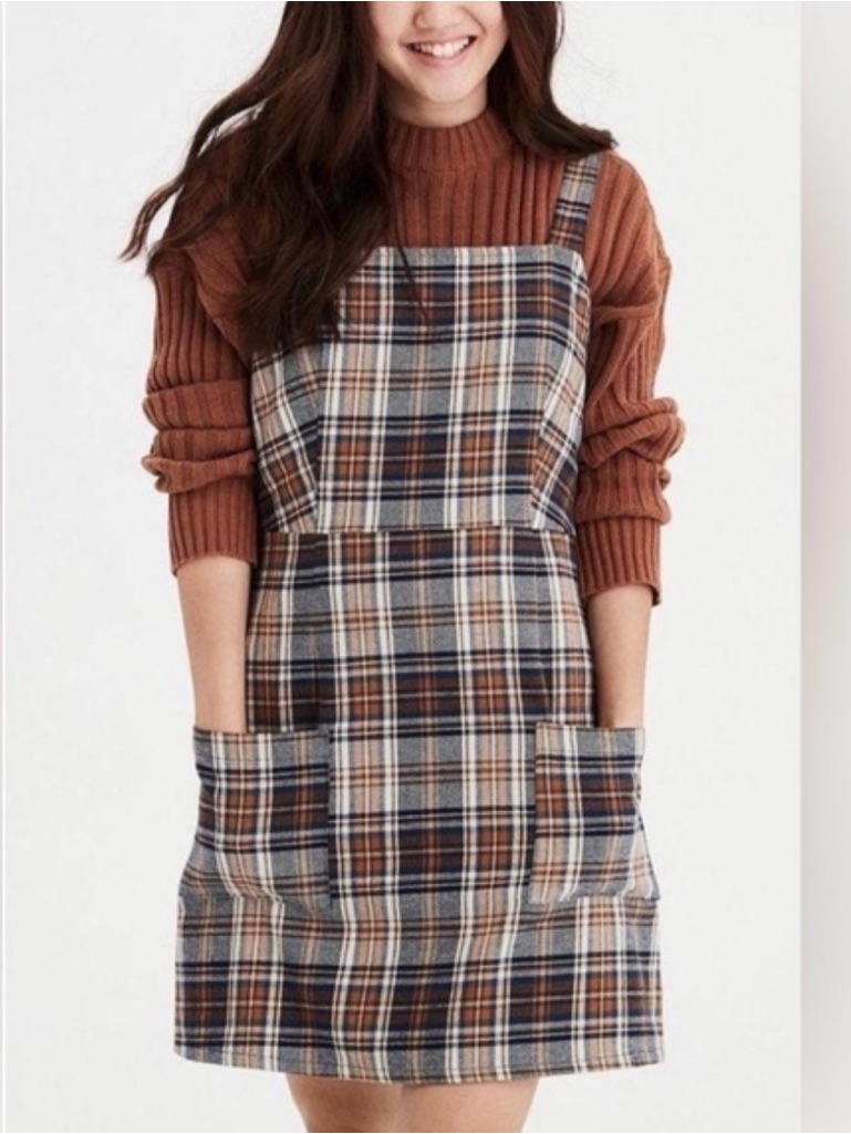 American Eagle Plaid Pinafore Dress With Front Pockets - Small
